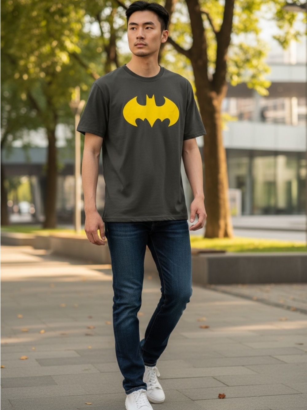 Men's Dark Gray Short Sleeve Tee with Yellow Batman Emblem